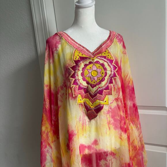 Stunning Silk Women’s Tie Dye Multicolor Kaftan Boho Ethereal Coverup OS - Picture 2 of 16